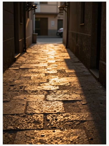 Tight vertical crop of a documentary shoot location — a narrow alleyway at golden hour, warm amber light pooling on uneven stone pavement, deep shadows either side, no people, composition-first framing