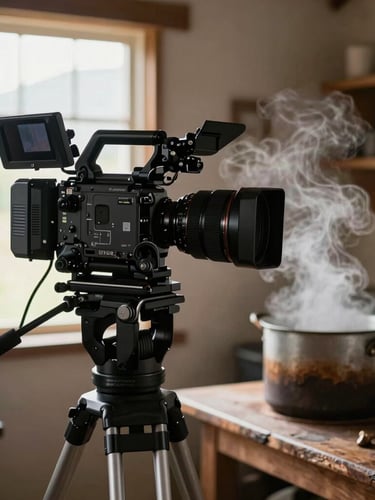 Visão lateral em ângulo fechado de uma câmera profissional sobre um tripé gravando o vapor subindo de uma panela de ferro fundido em uma cozinha rústica, iluminação natural suave vinda da janela lateral.