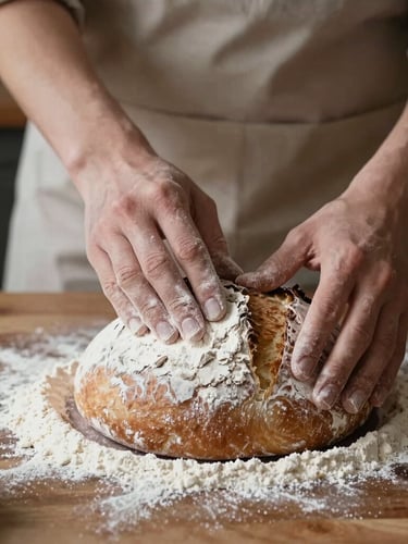 Moody Scandinavian-style close-up of hands dusting flour over a sourdough loaf on a dark wooden counter, soft natural side-light.
