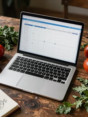 Overhead view of a rustic table with a laptop showing a content calendar, surrounded by fresh herbs, tomatoes, and a notebook with sketches, moody lighting.