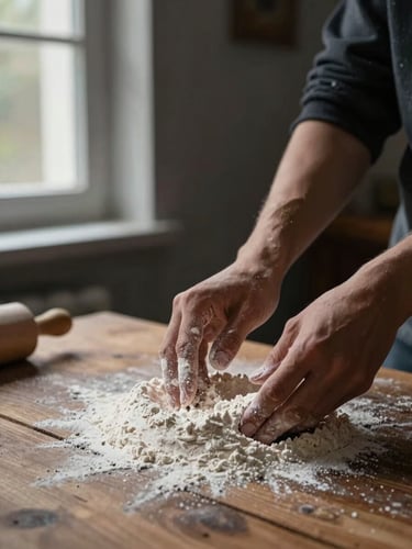A close-up shot of hands dusting flour over a rustic wooden table, natural side light from a window, moody Scandinavian style, dark background.
