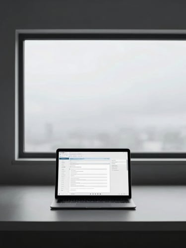 Minimalist modern workspace with a clean desk, a single tablet displaying structured data flows, cool overcast daylight, desaturated slate tones