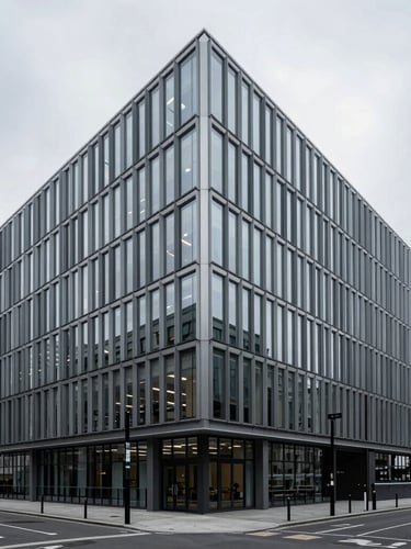 Cool architectural photography of a minimalist modern corporate headquarters in London, sharp steel and glass facade, overcast cool daylight, desaturated slate tones, wide angle 35mm