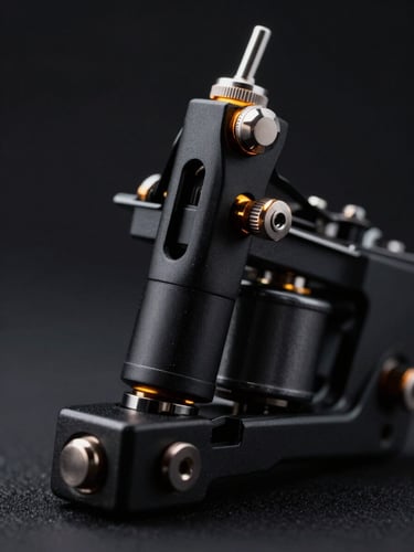 Macro close-up of a matte black rotary tattoo machine, raw steel components, sharp neon-amber accents, moody studio lighting, 50mm