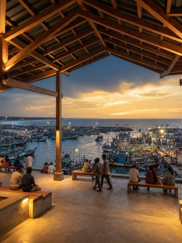 Wide-angle architectural shot of the open-air pavilion at golden hour, framing the active Puthiyappa Harbour and Arabian Sea, clean lines, warm uplighting, 35mm lens.