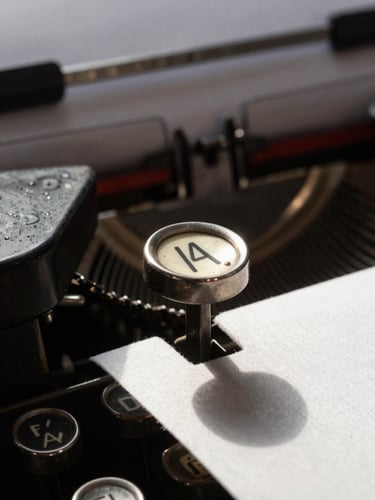Extreme close-up of a vintage typewriter key pressing onto heavy textured cotton paper, harsh natural side light, sharp shadows.