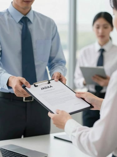 Professional JADAA team member in a clean corporate-casual uniform, discreetly handing a secure document folder to a client in a modern office environment, focus on the hand-over, bright natural Texas daylight.