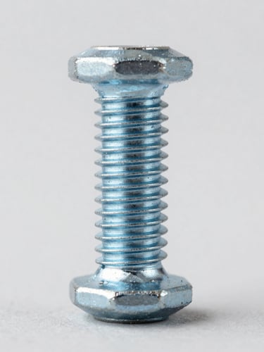 Macro detail of high-resolution steel bolts showing precise thread counts, high-key studio lighting, neutral grey background, sharp focus