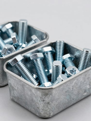 Crisp industrial product photography of heavy-duty steel bolts and high-tensile fasteners organized in steel bins, bright clean studio lighting, neutral grey background, sharp focus, 50mm lens.
