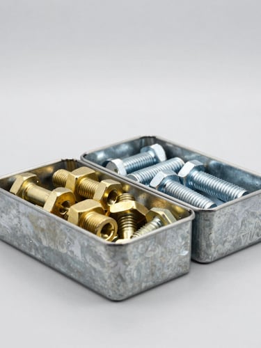 Straight-on technical product shot of heavy-duty industrial brass fasteners and steel bolts organized in steel bins, bright clean studio lighting, neutral grey background