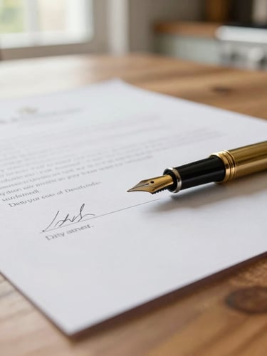 Close-up of a physical estate document on a warm wooden kitchen table, a classic brass fountain pen resting on the signature line, soft natural morning light from a nearby window, shallow depth of field.