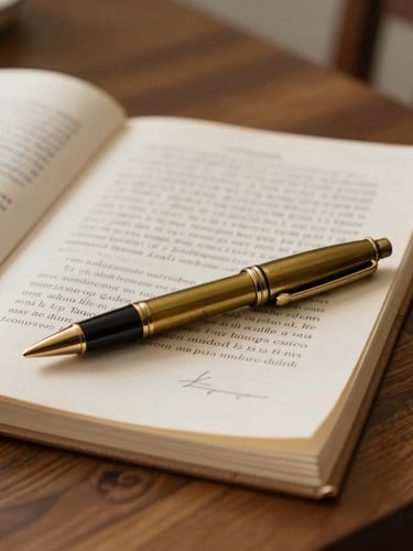 Close-up of physical legacy documents and a classic brass pen resting on a dark oak kitchen table, warm natural side lighting