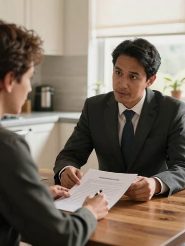 Medium shot of an insurance agent and a client reviewing a document at a wooden kitchen table, warm natural window light, genuine conversation.