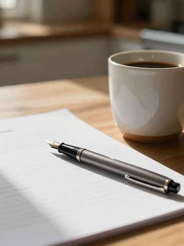 A warm, sunlit kitchen table with a ceramic coffee mug and a fountain pen resting on a clean paper document, soft natural depth of field, domestic morning light.