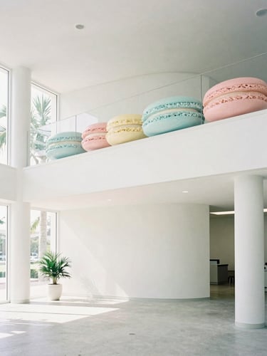 A bright, high-key minimalist architectural shot of a modern Bay Harbor Islands office lobby, soft natural daylight, pale pastel accents, 35mm