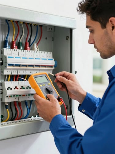 Close-up of a professional technician in a clean royal blue uniform using a digital multimeter to test a modern, neatly wired electrical panel in a Riyadh villa, bright daylight, sharp focus.