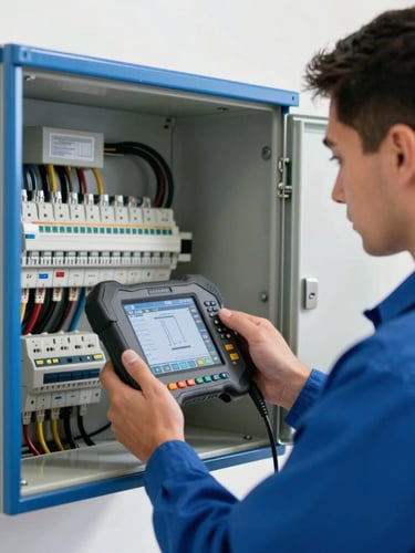 Medium close-up of a professional technician in a clean royal blue uniform using a digital diagnostic tool on an electrical panel, bright daylight, sharp focus.