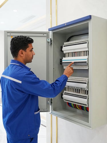 A professional technician in a clean royal blue uniform inspecting a modern electrical panel in a luxury Riyadh villa, bright high-key lighting, gold accents, sharp focus, 35mm
