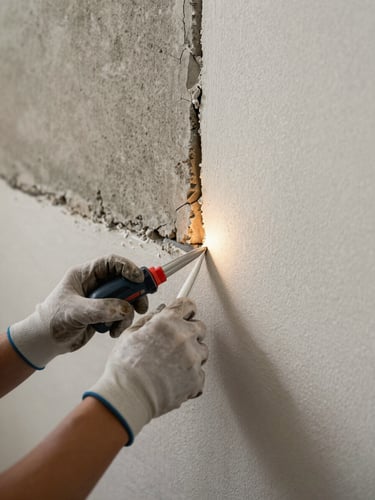Close-up of a technician's gloved hands applying sealant to a crack at the base of a residential wall, task lighting from below illuminating the gap, concrete and plaster texture visible, no branding, documentary framing