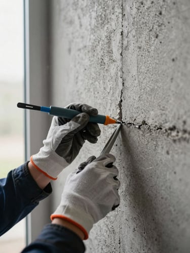 Close-up of a technician's gloved hand sealing a crack in a concrete wall with a caulking tool, natural window light from the left side, gray wall texture in focus, a small gap being closed visible at the center of the frame, documentary style with no staging