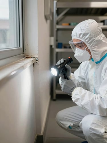 Close-up documentary frame: a pest control technician in protective overalls crouches beside a commercial kitchen baseboard, examining a wall junction with a focused inspection flashlight; natural window light from the left illuminates fine dust and a sealed crack in the plaster; background shows industrial shelving slightly out of focus; no people other than the technician, no staged smiles, task-focused composition