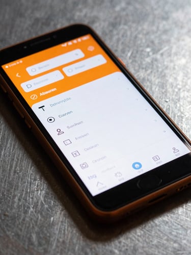 Extreme close-up of a rugged Android device displaying a high-contrast, functional UI layout with sharp safety orange accents, directional studio lighting, hard shadows, raw steel background.