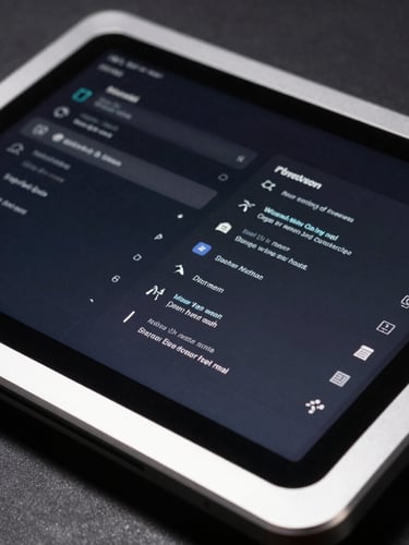 Macro orthographic shot of a rugged Android tablet interface displaying a high-contrast technical system menu, harsh directional studio lighting casting sharp shadows on brushed steel casing.