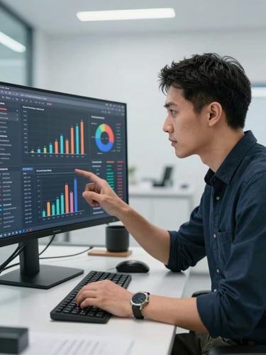 A high-contrast, clinical studio portrait of a focused growth strategist analyzing a real-time marketing analytics dashboard, bright clinical lighting, sharp focus, structured modern environment.