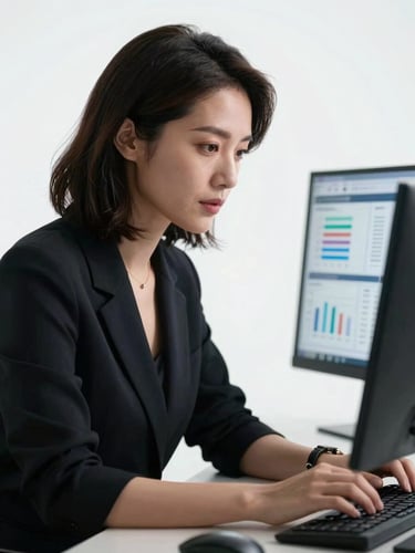 Sharp high-contrast studio portrait of a focused female performance marketer analyzing data interfaces in a brightly lit, clinical studio setting.