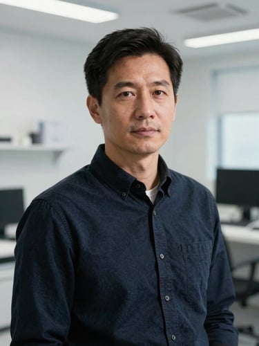 Sharp high-contrast studio portrait of a focused male growth strategist in a clean, bright clinical environment, looking directly at the camera, modern workspace background.
