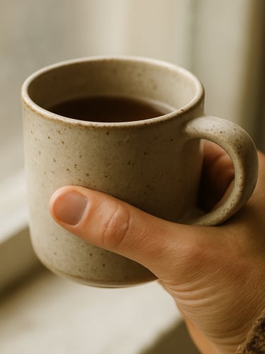 A close-up of a hand holding a warm ceramic mug, soft diffused window light, tactile textures, shallow depth of field, 35mm