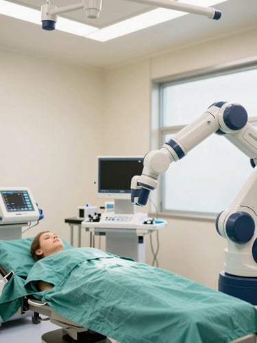 Modern, brightly lit operation theatre with advanced robotic surgical equipment, clean and sterile environment, soft studio lighting, focused on the technology, deep navy and teal accents.