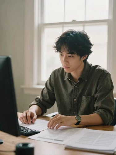 A warm, natural home office environment with soft window light, a small business owner calmly looking over clear-cut options on a table, 35mm photography