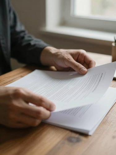 Close-up of hands reviewing simple documents on a wooden table under soft natural window light, warm editorial photography, 35mm