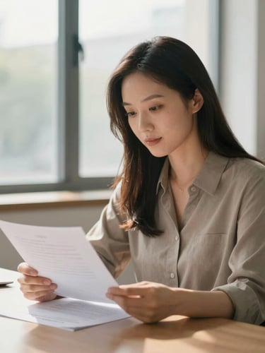 A warm environmental portrait of a professional health insurance advisor sitting in a sunlit office, reviewing simple documents, soft natural window light, shallow depth of field, 35mm