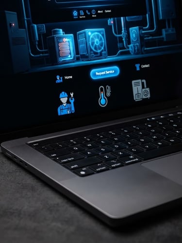 Tight crop on a sleek laptop displaying a modern HVAC contractor website, high contrast studio lighting, deep blacks with vibrant blue accents, 50mm.