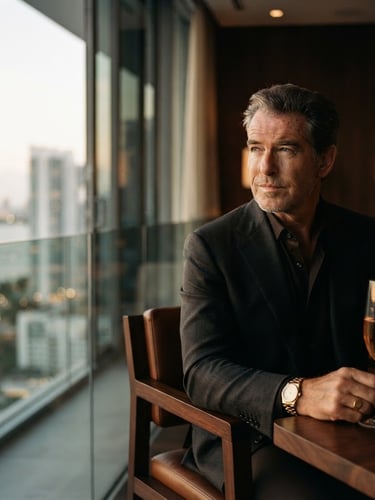 Cinematic portrait of a high-net-worth individual, strong executive presence, low-key lighting, rich espresso and champagne tones, in a modern architectural Miami space, shallow depth of field, 35mm film grain, positioned on the right third.