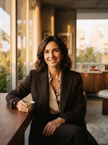 Professional portrait of Geraldine Paván, a sophisticated woman in her 50s, confident and poised, with a warm, engaging expression, wearing an elegant dark blazer, in a soft-lit architectural Miami studio, shallow depth of field, warm golden-hour window light, rich espresso and champagne tones, cinematic editorial photography.