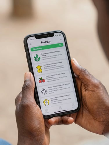 A close-up of a West African student's hands holding a mobile phone displaying a clear biology flashcard layout, bright natural daylight, crisp focus.