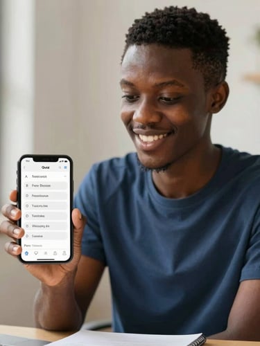A focused West African student studying under natural daylight, holding a mobile phone displaying a clean quiz interface, smiling with confidence.