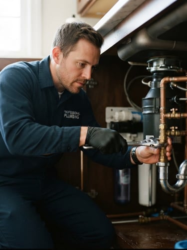 Clean professional plumber in uniform working on residential pipes, bright daylight, high-contrast navy and metallic tones, sharp focus, 35mm