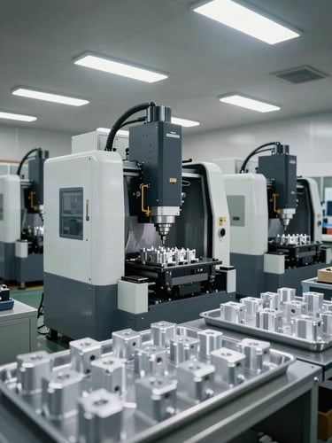 Wide shop-floor overview of a precision CNC machining bay, multiple vertical machining centres in operation under north-facing factory skylights, finished aluminium components in inspection trays in the foreground, steel-grey and white environment, no people, industrial documentary realism