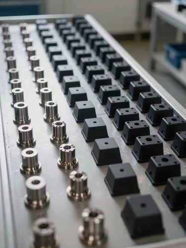 Wide panoramic shot of a machined-parts inspection tray on the left, rows of precision-turned metal components and injection-moulded plastic housings arranged in ordered rows, north-facing daylight from left, aluminium and matte-black tones, no people, no warm tones, engineering environment