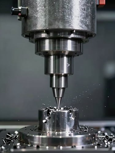 Extreme close-up of a CNC machining spindle mid-operation, cutting steel billet on a BFW vertical machining centre, metal chips flying, controlled studio strobe lighting, steel-grey tones, sharp industrial documentary framing, no people