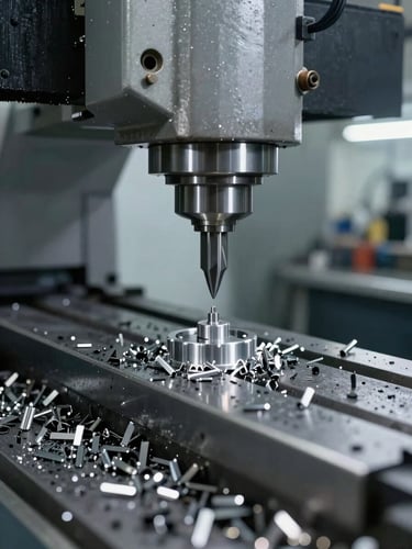 Close-up panoramic of a CNC machining centre mid-cycle in a Bangalore shop floor, aluminium chips on the table, cutting tool engaged on a precision metal component, controlled fluorescent lighting, steel-grey tones, no people