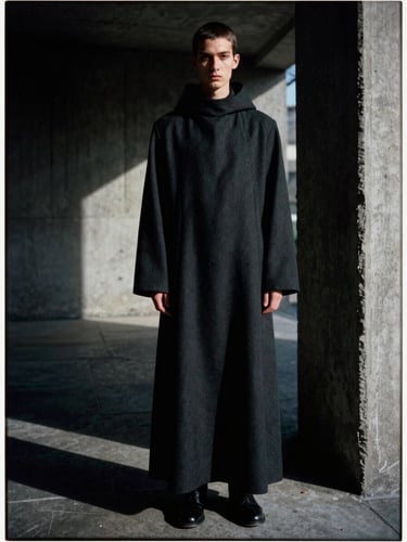 Moody editorial fashion photography of a model in a dark monastic drape coat standing in a concrete urban corridor, high-contrast chiaroscuro lighting, deep shadows, 35mm film