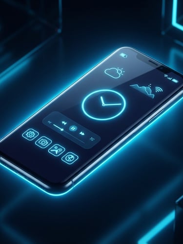 Vibrant digital 3D render of a sleek Android smartphone mockup, high-contrast neon electric blue backlighting, showing a clean minimalist utility interface on screen, isometric perspective