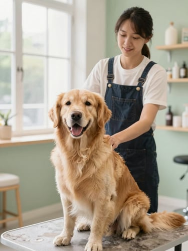 A happy golden retriever sitting calmly next to a professional groomer in a bright, modern, sage-green pet boutique, soft natural window light, warm editorial photography