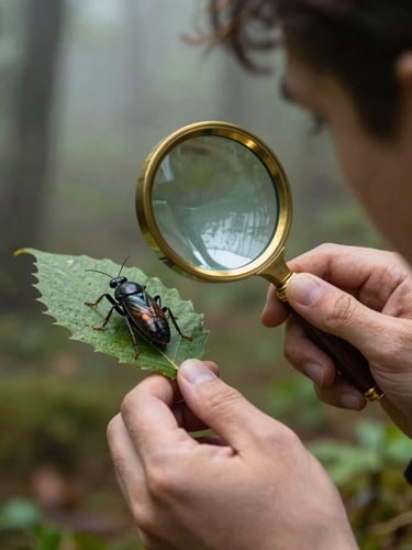Close-up of a passionate entomologist with a brass magnifying glass examining a leaf in a misty forest, natural diffused light, rich organic earth tones, 100mm lens