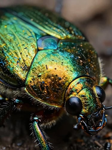 Extreme macro photography of an iridescent beetle shell, showing deep green and gold textures, natural diffused forest light, 100mm lens